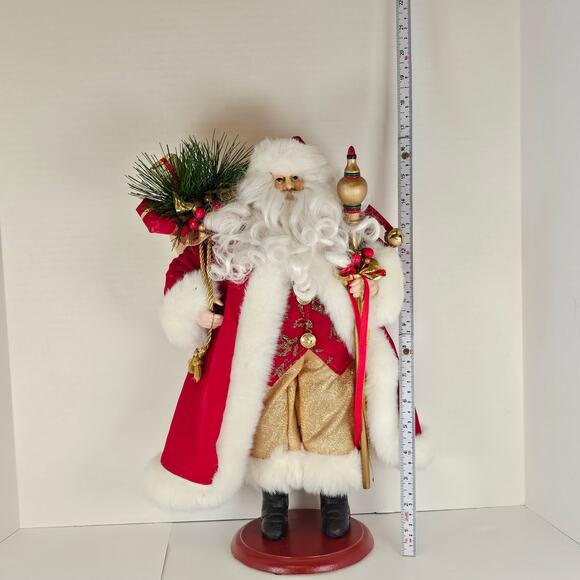 17" Santa Claus Figure Red Velvet Coat Gold Staff Christmas Decor on Base READ - Picture 15 of 15